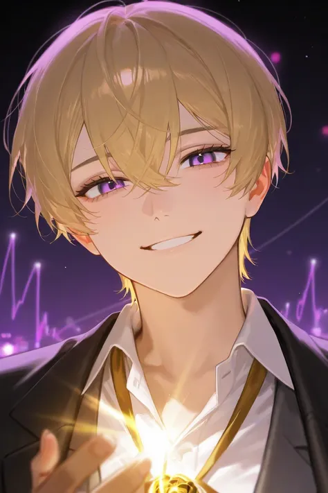 Mafia man with a blond pomade and a smile with purple eyes