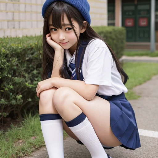 Korean junior high school、 miniskirt、 knee-high socks、 shy face 、 punch