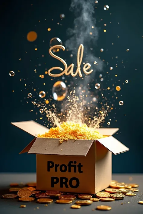 create an image where there are technology and software based details, There is a box and a text written on the box "Profit PRO" . The box is open and there are gold coins coming out and water bubbles written "Sale" coming out of the box