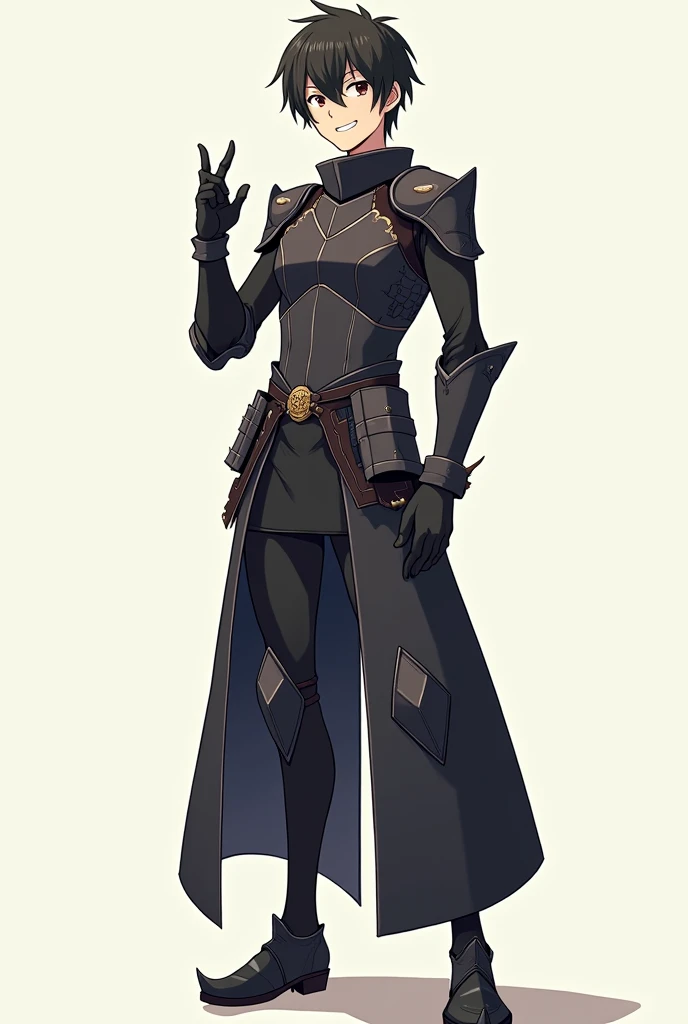 Anime young guy warrior wearing minimalist armor. Points at himself,, a proud, sinister smile on his face, long legs. Make a full body portrait. Long shot