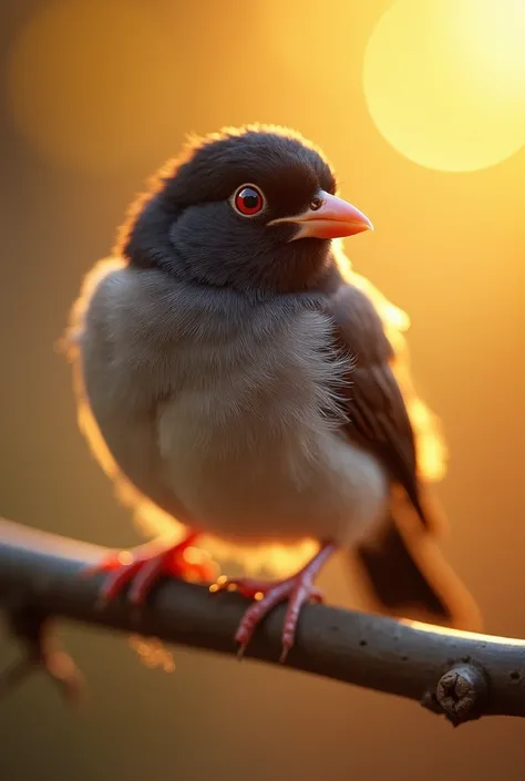 A captivating close-up portrait of a beautiful little bird illuminated by soft, golden morning sunlight, A clear bokeh ball gently envelops the delicate figure., ((Handsome)), Idol, Black hair, Red eyes,  due diligence