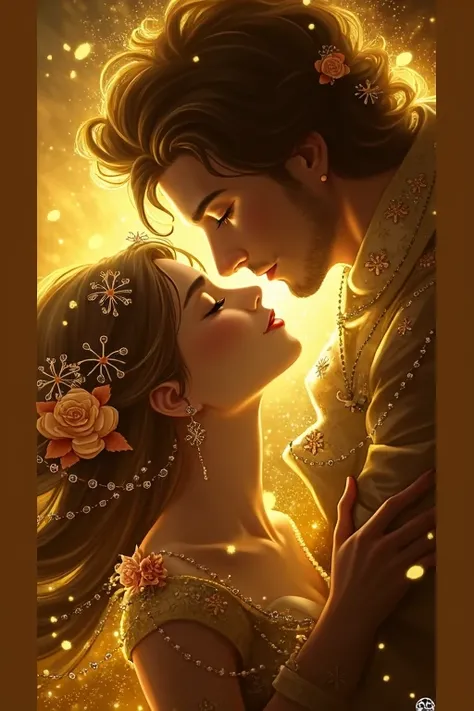 1girl, long_hair, brown_hair, black_hair, hair_ornament, photoshop_(medium), dress, 1boy, original, jewelry, closed_eyes, flower, upper_body, hetero, parted_lips, hair_flower, lips, profile, glowing, facial_hair, couple, beard, imminent_kiss, face-to-face,...