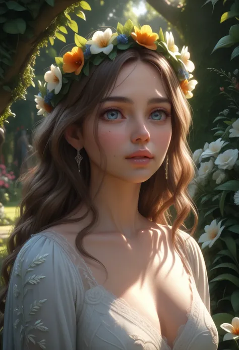 a woman,beautiful detailed eyes,beautiful detailed lips,extremely detailed face,longeyes,long hair,elegant dress,flower crown,standing in a lush garden,sunlight shining through trees,(best quality,4k,8k,highres,masterpiece:1.2),ultra-detailed,(realistic,ph...