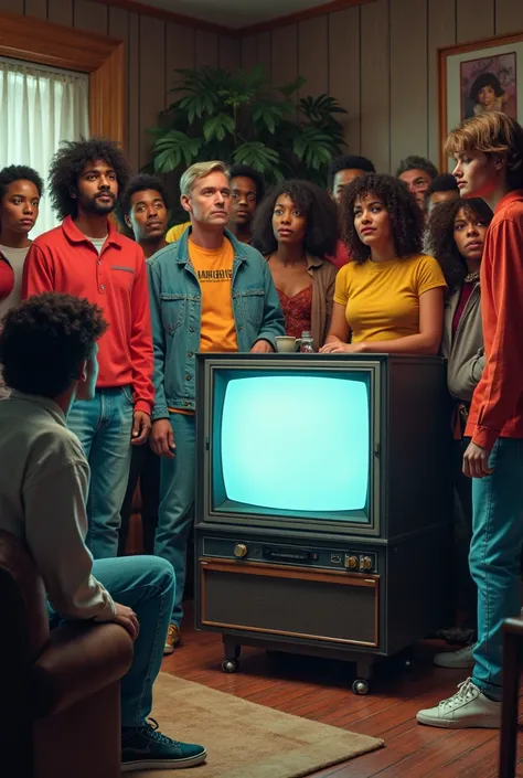 Crowd of people from the 80s watching the news on an old television