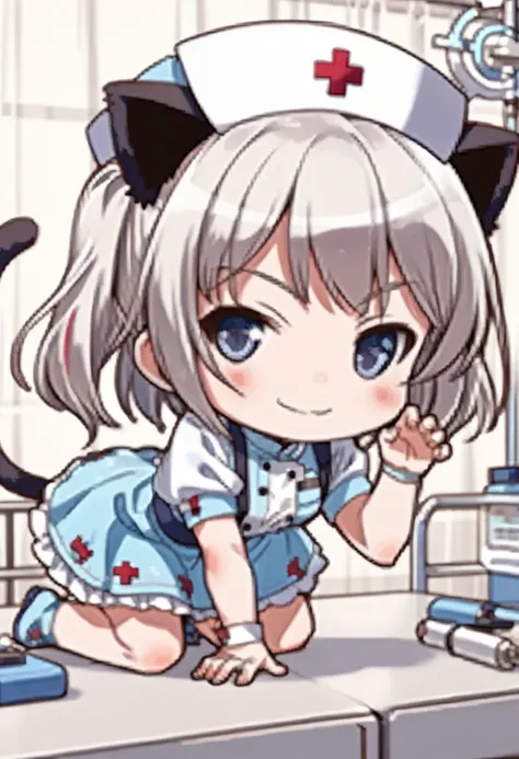 , all fours,top-down bottom-up, cat stretch pose,  1girl, cute girl,(Kotonoha Aoi, blue and white dress ,), hospital Examination room , smirk face, closed one eye, blush, break, detail illustration, white breath, covered hip, chibi-dol