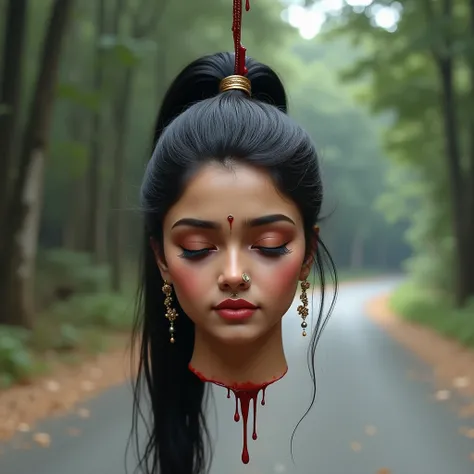 A beautiful chubby Actresss bloody decapitated head hanging by hair on a empty road. From front side severed head face is visible. The head has a serene, peaceful expression with the eyes gently closed. Her dark hair is styled in an elegant pony tail, ador...