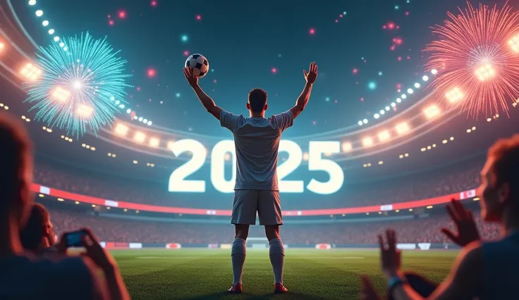 Happy Holidays, Happy 2025, soccer theme, stadium, firework, have ball, text 2025 in main screen