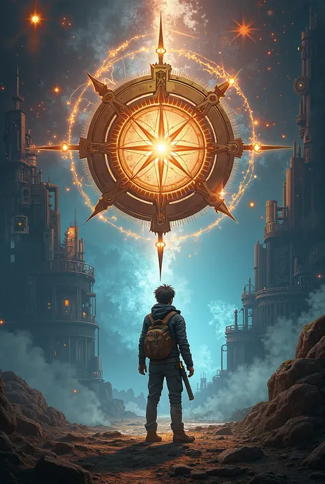 I am making a book cover for a novel. Its Called "The Quantum Compass". Its a science fiction, steampunk, and fantasy novels. Create a book cover