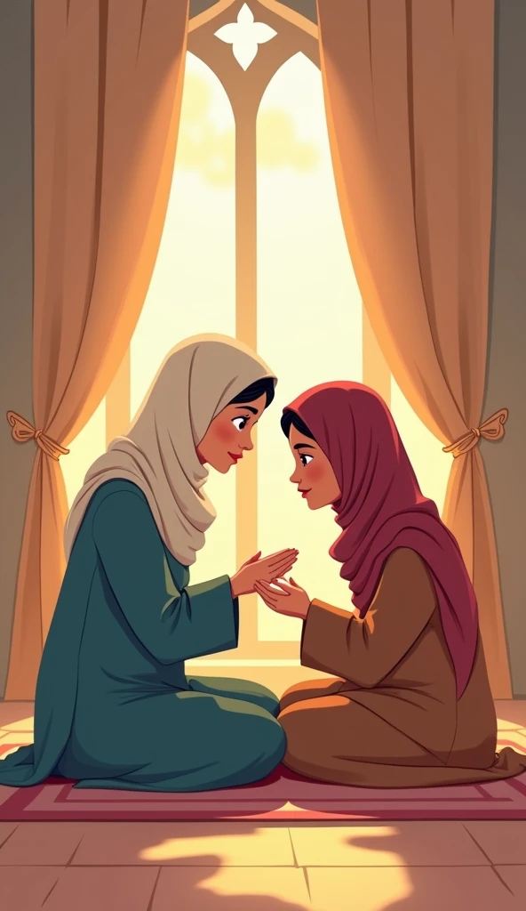  Illustrate the moment when a mother teaches Al-Fatihah to her son at home . They sit together ,  with loving faces ,  shows how important this letter is in their daily lives and spiritual relationships.
arabic cartoon version 