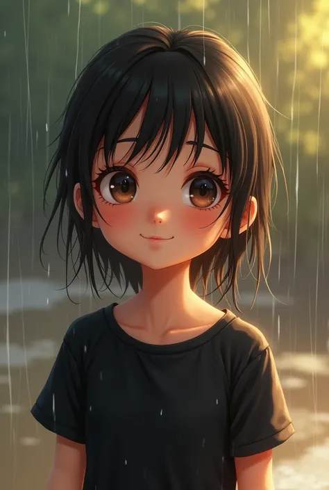 Girl in black ball shirt gets wet but smiles sweetly


