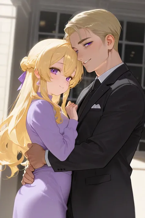 A mature mafia man with a short blonde and a smile with purple eyes