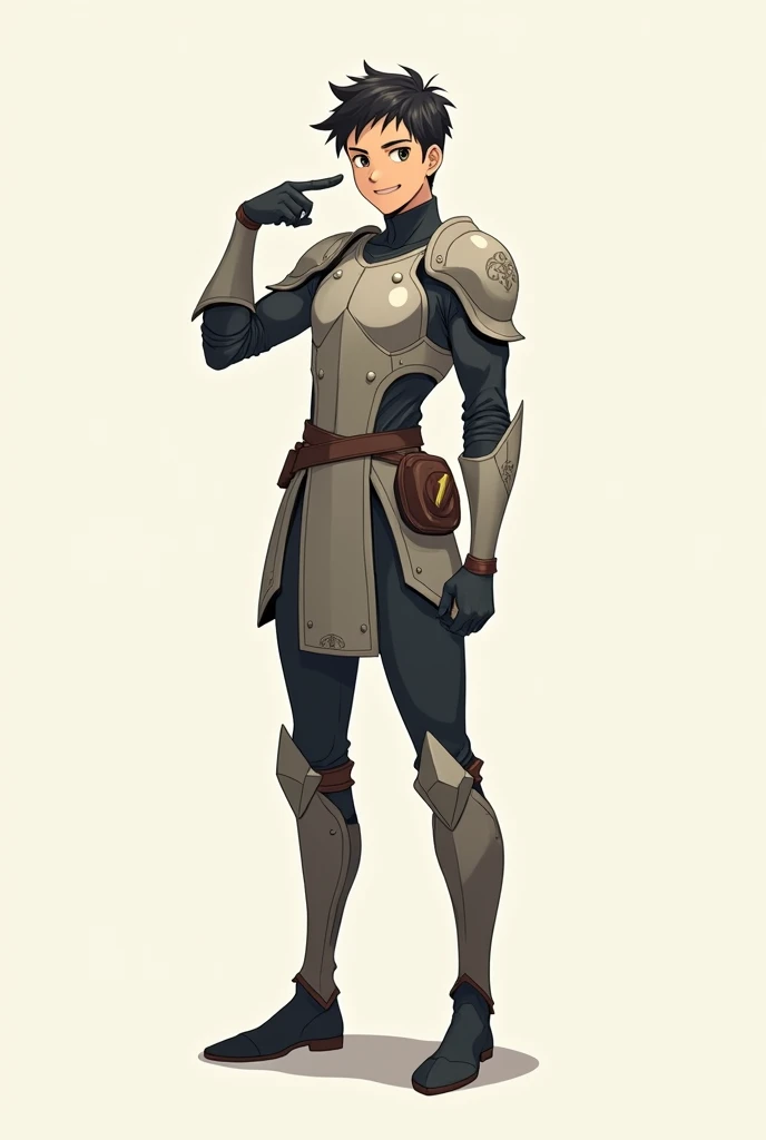 Anime young guy warrior wearing minimalist armor and. Points at himself, a proud smile on his face, long legs. Make a full body portrait. Long shot