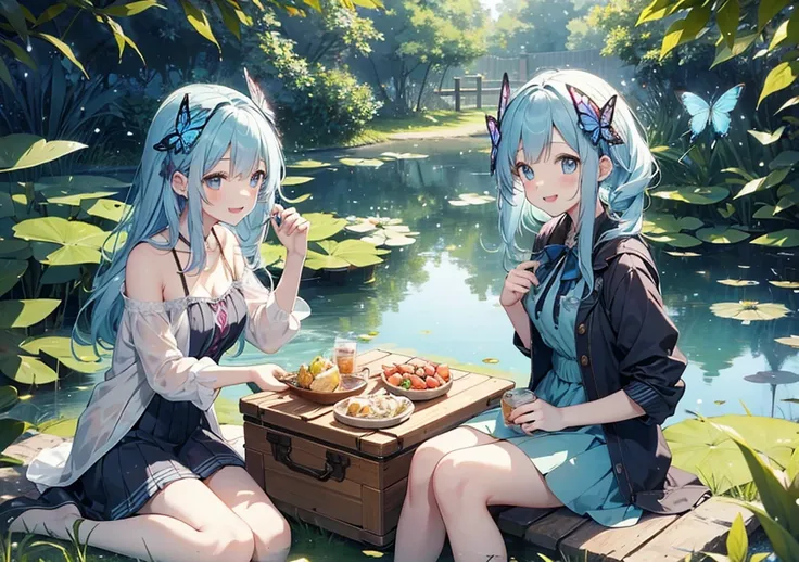 A beautiful girl with pale blue hair is having a picnic with her friends by an enchanted pond, magical butterflies fluttering around them, laughing happily in the warm sunlight