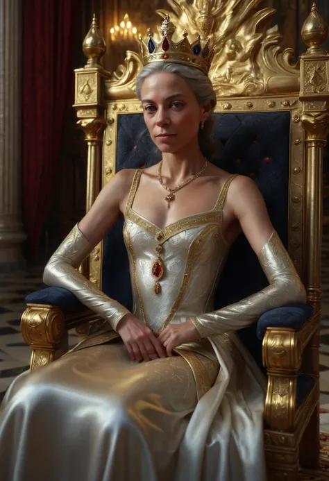 realistic detailed portrait of a queen sitting on a throne in the royal chambers of a luxurious palace, knights bowing down to the queen, torch light, cinematic lighting, ultra detailed, photorealistic, 8k, highly detailed, masterpiece