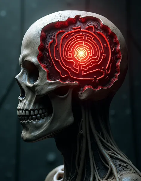 A human head with a maze inside it. At the center of the maze, a glowing red light creates an eerie and suspenseful atmosphere. Best quality. High Definition. Ultra high definition. 