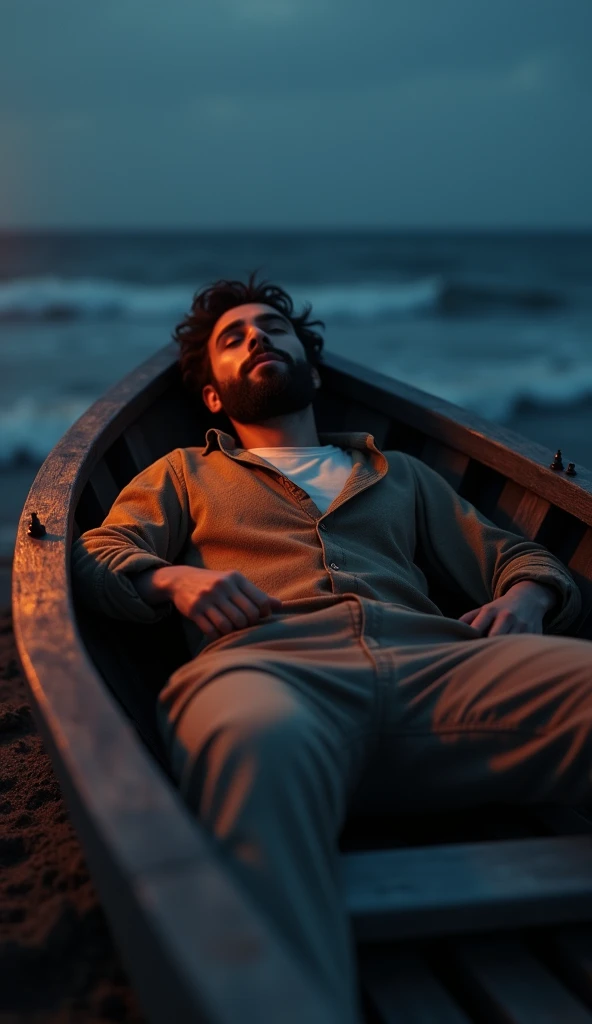 In cinematic 3D style, HD image ,realistic image ,colourful image.
Character, 30 year young man lightly black beard wearing brown shirt and brown pajama

Action,A young man lies dead inside a wooden boat at the seashore it is night time



