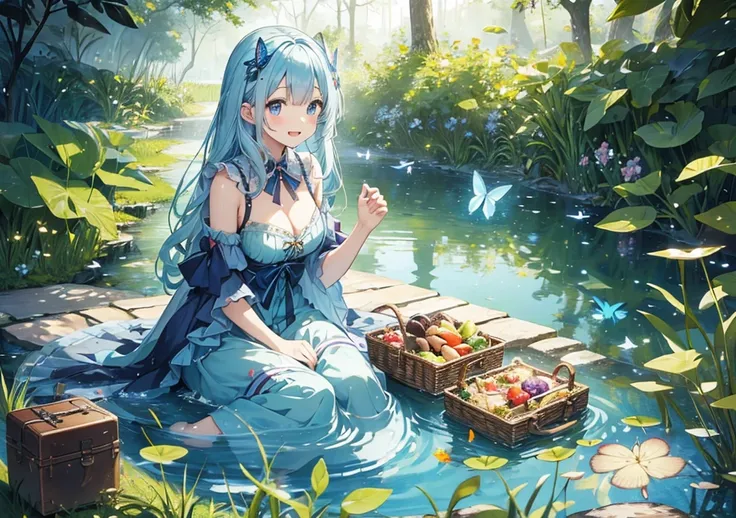 A beautiful girl with pale blue hair is having a picnic with her friends by an enchanted pond, magical butterflies fluttering around them, laughing happily in the warm sunlight