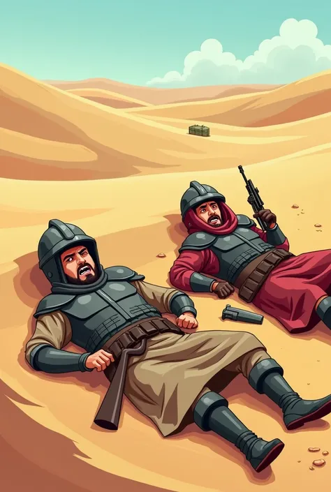 Two armoured Muslim Arab soldiers are lying in pain in the desert in a cartoon picture