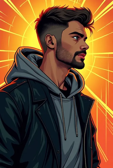  HIGH GRAPHIC ILLUSTRATION MODERN COMIC STYLE  , YOUNG MAN VIEW  ,  with short mustache and beard and pronounced on the chin leather gloves  , DARK GRAY HOODED SWEATSHIRT,  black leather jacket TRAVELING PLANNED IN DIMENSIONAL LIGHT ORANGE RAYS