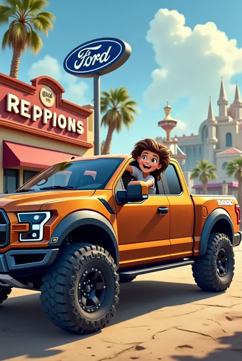 A Disney-style  leaving the dealership in a brown Ford Raptor 