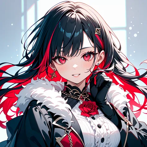 a striking anime girl with captivating red eyes and long, flowing hair featuring bangs and a perfect blend of black and white Half-And-Half colored hair. She has two toned dyed hair in black and white. She confidently shows a single rose directly at the vi...