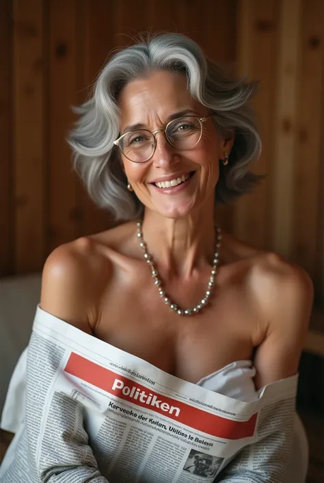 (photorealism:1.2), naked 60 year old elegant woman  naked with broardsheet newspaper covering her naked big breast  headline " Politiken" with red stripe below  grey hair glasses necklace smile in sauna