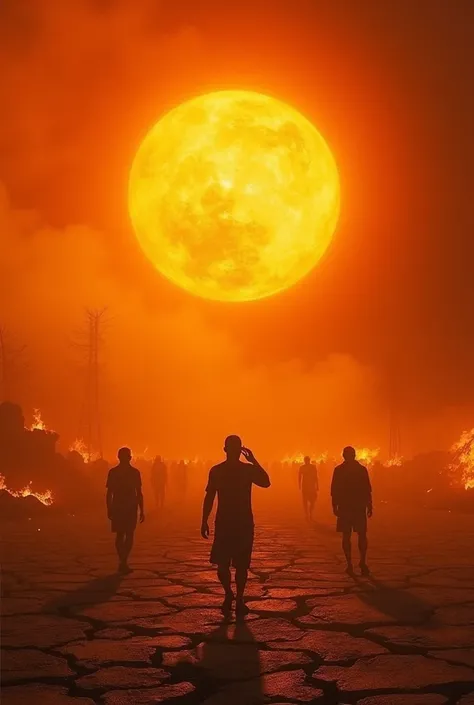 Create an image of an apocalyptic landscape scorched by an intensely burning sun. People shield their faces and bodies as their skin burns under the harsh rays. The ground is cracked and smoldering, with no vegetation in sight. The sky glows orange and red...