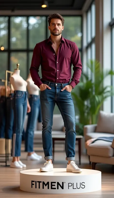 "Create a modern advertisement for a premium men’s clothing brand called FITMEN PLUS. Showcase a muscular male model wearing fitted jeans and a partially unbuttoned maroon shirt, standing on a lit display podium with the brand name prominently displayed. T...