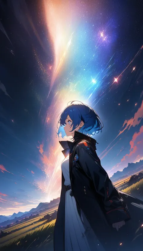 (masterpiece,  top quality ,  Official Art:1.2), ( colorful ),  Perfect Anatomy, One Girl , front view。 short hair。Blue hair color。Late Night。 grassland。 (Collision of stars:1.5) Ultra Precise Illustration ,  detailed ,  dynamic angle,  Beautiful details i...