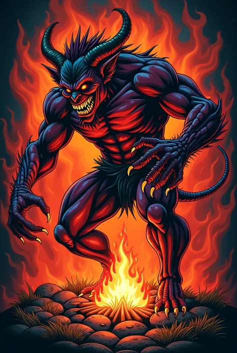 Design an old school tattoo depicting a red demon dancing around a campfire, with thick lines and vibrant colors and that includes classic elements of the old school style