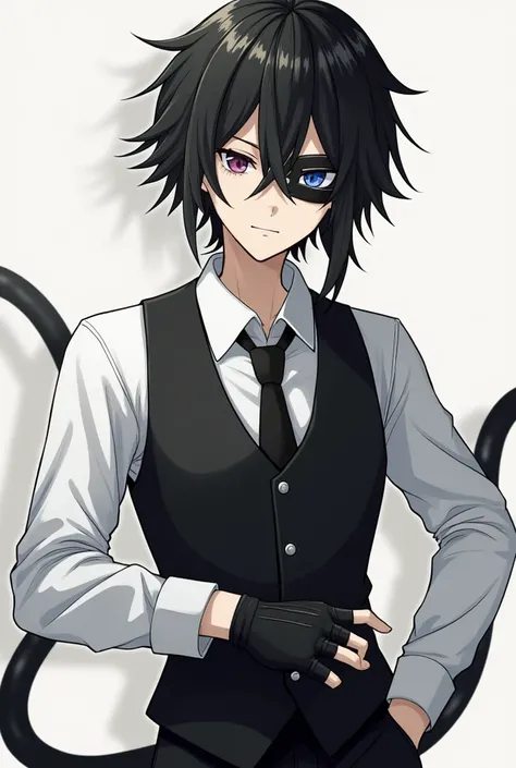 hair like dazai osamu mafia like

black eye bandages on left eye

wearing white with black line,

wear white long arm clothe and black vest, black tie and white collar

black pants

fingerless black glove

and absolute solver tail