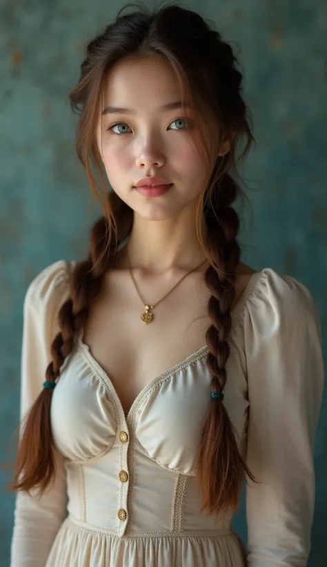  Ultra realism, photorealistic ,  Cinematic photo of a beautiful 15-year-old Canadian teen,  perfect body ,  perfect figure  ,  long brown hair in a braided ponytail , bright light blue eyes ,  standing with a direct view of the viewer , Cute attractive fa...