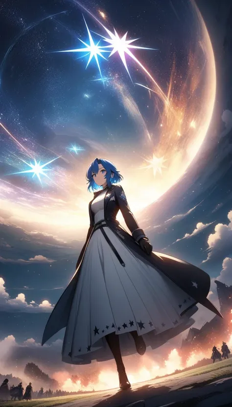 (masterpiece,  top quality ,  Official Art:1.2), ( colorful ),  Perfect Anatomy, One Girl , front view。 short hair。Blue hair color。Late Night。 grassland。 (Clash of Stars and Stars:1.5) Ultra Precise Illustration ,  detailed ,  dynamic angle,  Beautiful det...