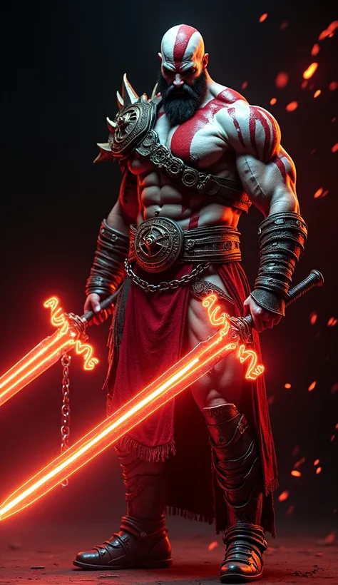 A futuristic depiction of Kratos ,  wielding neon orange and red swords of chaos .  The swords leave traces of neon as they move and the chains emit a bright light .  His armor is decorated with bright neon lines and sparks of fire float in the air against...