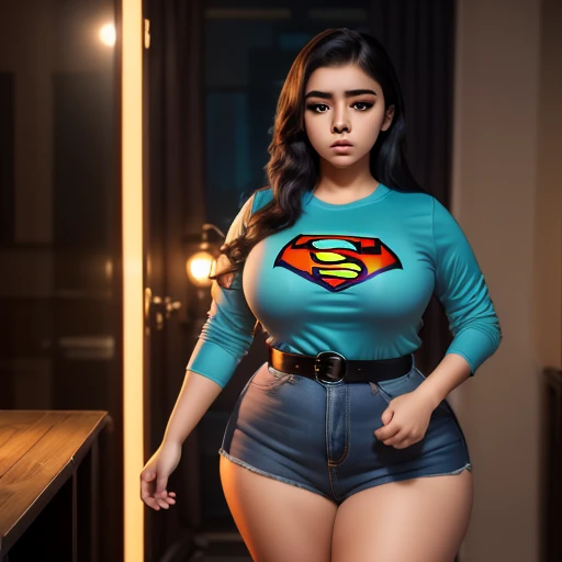 Dark nightmarish movie style, a petite cute shy innocent slightly chubby with monstously huge fat size breasts Mexican nerdy emo teen, short volumetric hair, beautiful detailed brown eyes, cutely detailed lips, super cute highly detailed eyes and face, rou...