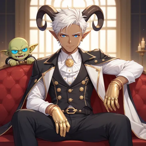  A detailed illustration of three characters sitting on a sofa in a cozy room:
 First character is A dark-skinned female elf ,  x} white hair tied in a high bun and golden eyes .  He wears a practical and elegant outfit in shades of brown and gold , includ...