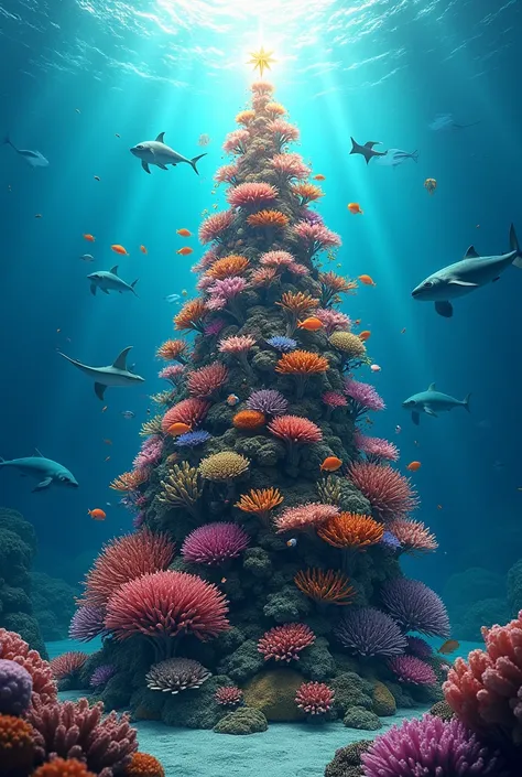 create a magic underwater christmas tree which consists of colourful corals, tropical fish and other marine creatures swimming around it like octopus, rays, turtles, dolphins and sharks