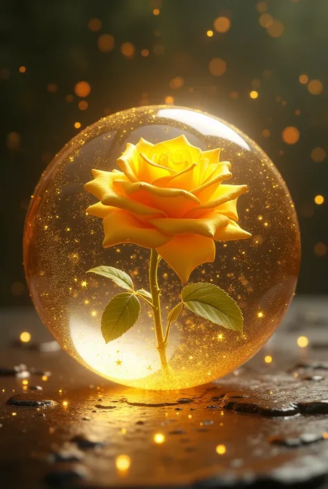 A yellow rose enclosed in a crystal ,  that has shooting stars falling inside it ,  while outside the crystal drops dewdrops and shines in flashes of gold