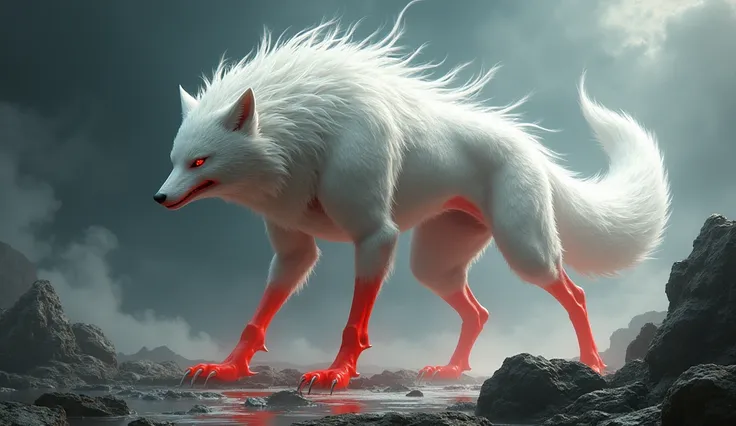 In appearance, it is a wolf with strong power, with large and formidable claws, with white plumage, straight legs with red color and a long tail, like a nine-tailed fox beast.