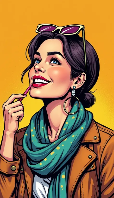 Create a vibrant comic-book-style image of an adult American woman exuding creativity. She wears casual, discreet clothing with an artistic flair—perhaps a scarf, unique patterns, or colorful accessories. She is happy and appears thoughtful, holding a penc...