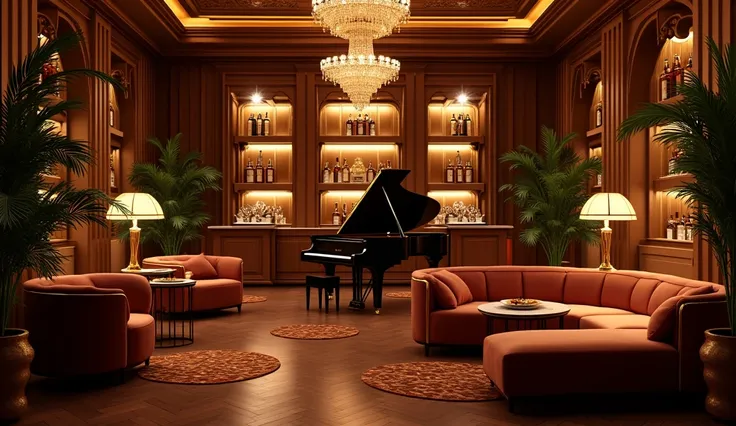 A luxurious and beautiful jazz lounge scene with rich, warm lighting. The room is elegantly designed, featuring plush velvet seating, soft golden hues, and dark wood furniture. The atmosphere is intimate, with delicate chandeliers and a few stylish lamps c...