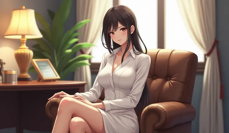 
 a beautiful female general manager , wear a white dress , sitting on a chair in the office  ,  anime style 