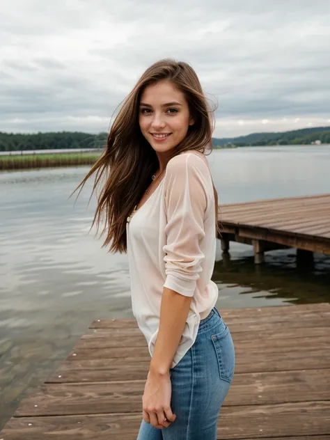 Gorgeous woman, (((Perfect Anatomy))), light brown long hair blowing in the wind, gazing, brown eyes, jewelry, necklace, realistic, brown hair, smiling, rainy afternoon, ((full body image)), ((tip of dock)), (((loving eyes))),