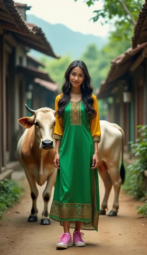  a beautiful woman ,  nose with long wavy black hair,  wear long kebaya dress in green, sleeves 3 /4 yellow , wear pink sneackers , stand,  next to him theres a big cow walking,  face smile facing forward ,  on the streets of rural indonesia , minimal defe...