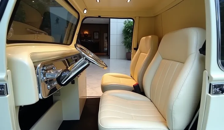 An interior view of a modified Maruti Suzuki rickshaw displayed in an ultra-luxurious showroom. The cabin features a sleek, modern design with a full white cream finish, and polished chrome accents on the dashboard and door panels. Instead of a traditional...