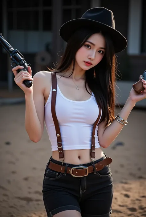 Full body shot, Beautiful young female, Asians IDOL, Glowing white skin, cowboy, western style, wearing tanktop and leather straps, short pants, cowboy hat, highlight whole body,
reddeadredemtion,
with revolves in two hand, desert background, blackspirit a...