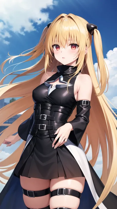 masterpiece, best quality, highres, aayami, very long hair, two side up, hair ornament, bare shoulders, black dress, clothing cutout, detached sleeves, belt, thigh strap, standing, cowboy shot,