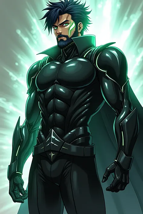 Create an anime-style image of a male with beard villain king , but with a futuristic and cybernetic twist. Thundra is a tall, muscular character with a sharp, intense expression and wild, dark hair similar to Erens. Half of his face and body are covered i...