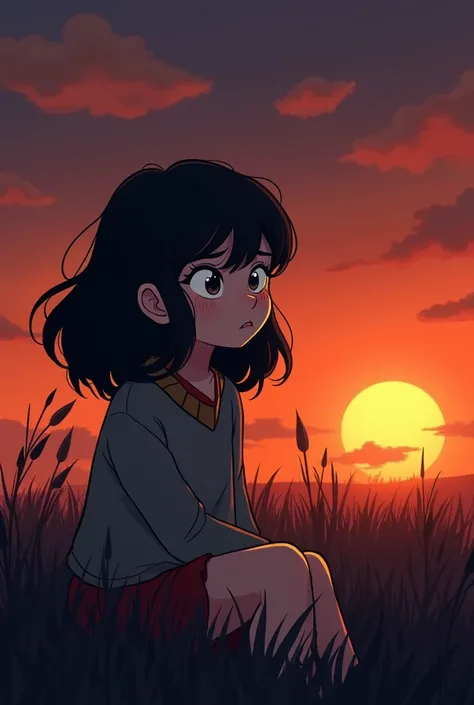  cartoon of a black-haired woman , long, square chin , light skin,  big eyes  that reflects disappointment, sadness, Breakup, Desilusión, She who is sitting looking sad in a field with a dark sunset she who is watching the sunset 