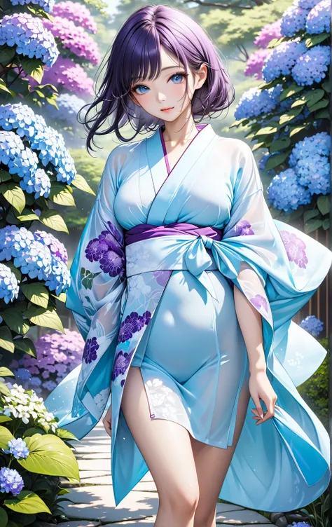  ultra detailed lingerie top, #Base Model,#porn, resolution absolutely,  masterpiece ,   beautiful woman strolling through the Japanese garden  ,   fresh expression how the cool breeze feels  ,   BREAK wearing Japanese yukata with white and purple hydrange...